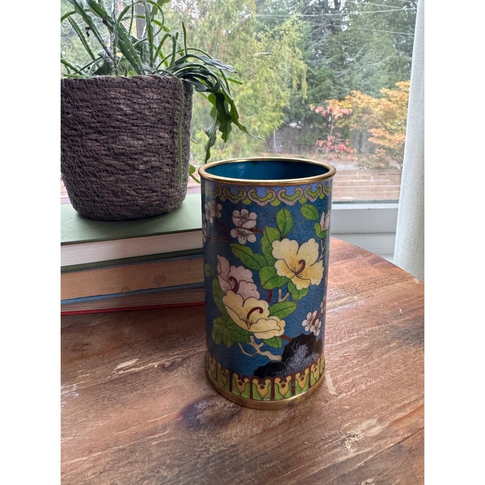 Vintage Chinese Cloisonne Enamel Floral Vase Blue Cylinder Brush Pot Chinoiserie